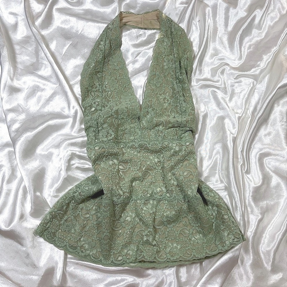 y2k Halter Top Green Excellent Floral Lace Tiered Babydoll V-Neck Sleeveless